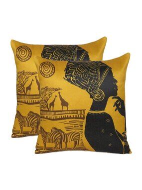 Oussum Yellow Lady Printed Cotton Cushion Cover Boho Pillow case Set Of 2